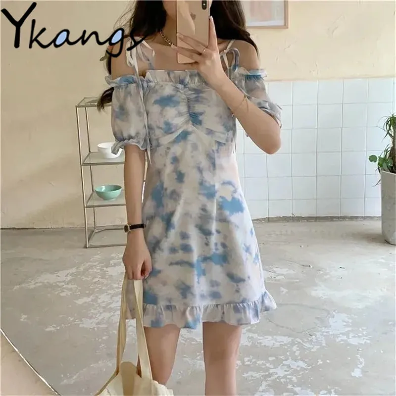 Elegant Sweet Flowers Print Dresses Women A-line Bubble Sleeve Summer 2021 Ruffle Kawaii Aesthetic Korean Fashion Dress Female