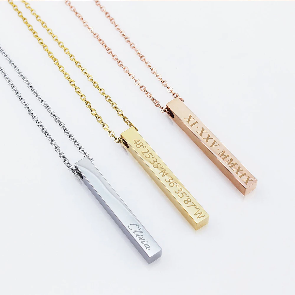 Personalized 3D Bar Necklaces For Women Custom Name Pendant Necklace Stainless Steel Engraving Men Jewelry Family Gifts