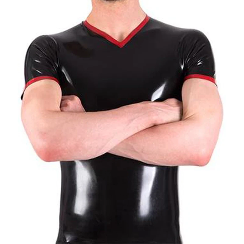 

Black And Red Trims Sexy Latex Shirt With Short Sleeves Rubber Clothes Tee YF-0248