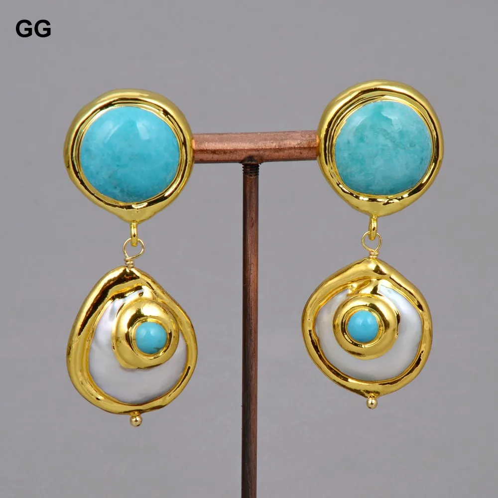GuaiGuai Jewelry Natural Cultured Baroque Coin Pearl Gold Color Plated Blue Turquoises Necklace Bracelet Earrings Sets For Women