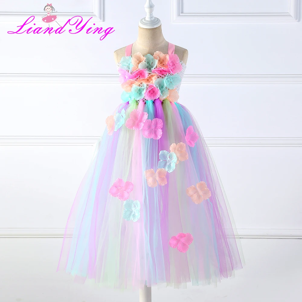 Girls Pearl Petals Tutu Dress Kids Flower Dress Ball Gown with Ribbon Bow Children Wedding Party Costume Princess Dress