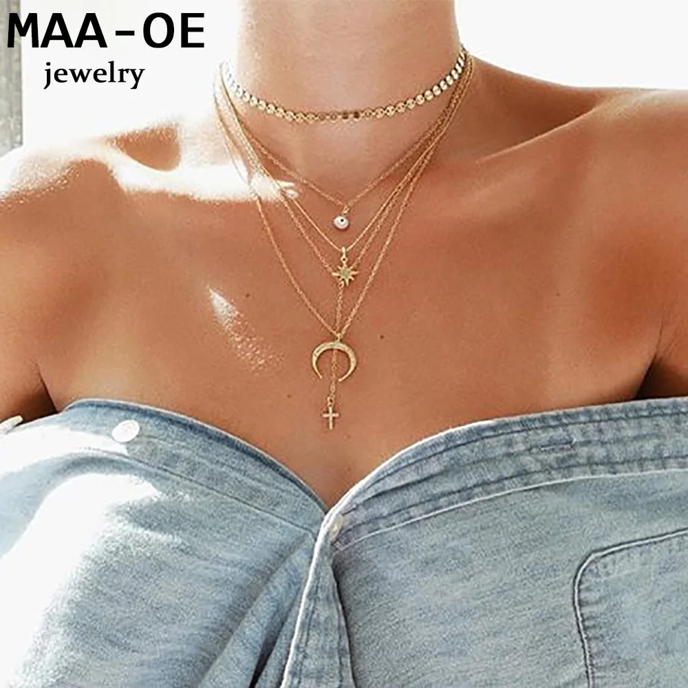 New Gold-plate Crystal Eye Sun Cross Horn Sequins Pendant Necklaces For Women Necklace Multi Level Female Boho Vintage Jewelry