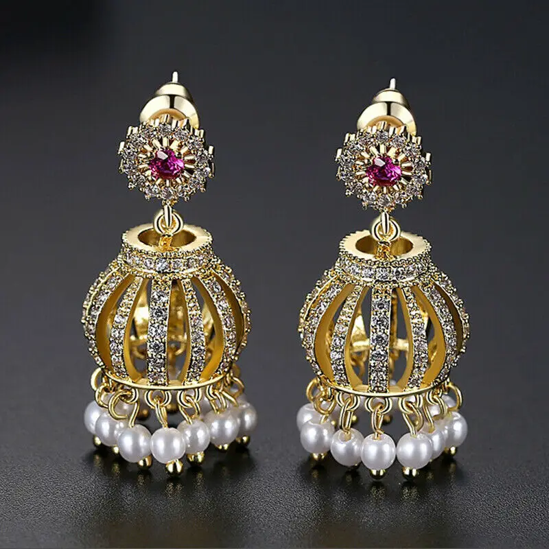 Crystal Zircon Ethnic Gypsy Jhumka Jhumki Beads Drop Earring Women Bridal Tassel Indian Wedding Party Jewelry Bohemian Tribal