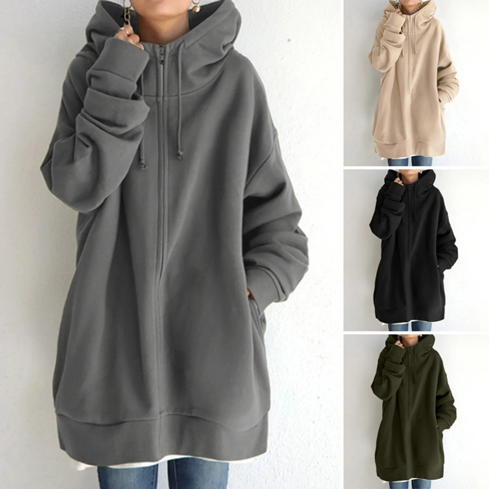 

Women Hooded Jackets Solid Color Zip Up Pocket Harajuku Korean Coat Female Autumn Long Sleeve Streetwear Casual Loose Jacket