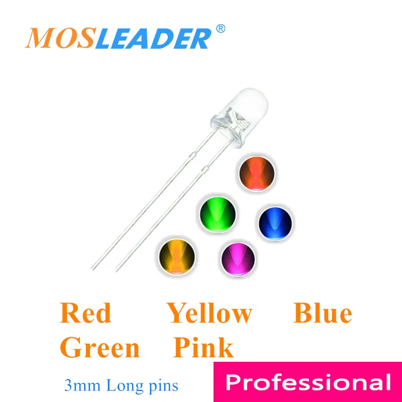 Mosleader 3mm 1000PCS Red Yellow Blue Green Pink Round head F3 LED Transparent Long pins 25-27mm Chinese high quality