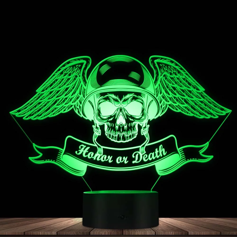 Honor Or Death 3D acrilico Illusion Night Light Dead Skull Wing Hat spirito militare lampada da scrivania illuminata a LED con cambio colore