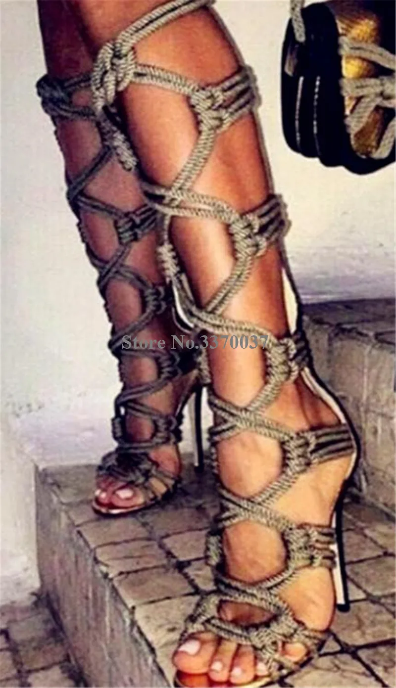 

Brand Design Women Fashion Open Toe Rope Cross Stiletto Heel Knee High Gladiator Boots Sexy Knotted Long High Heel Sandal Boots