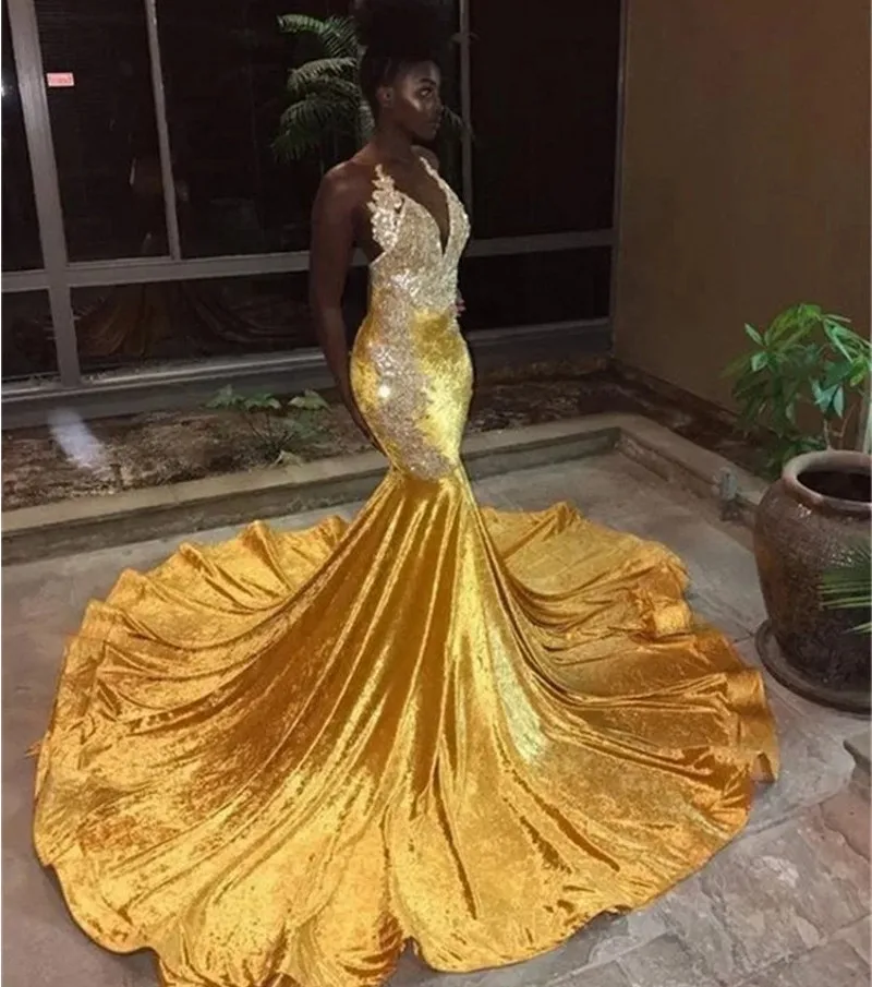 Afrikanische Arabisch Gold Meerjungfrau Prom Kleider 2022 mit Appliques Spitze Halter Pailletten Formale Abendkleider Robe De Soriee