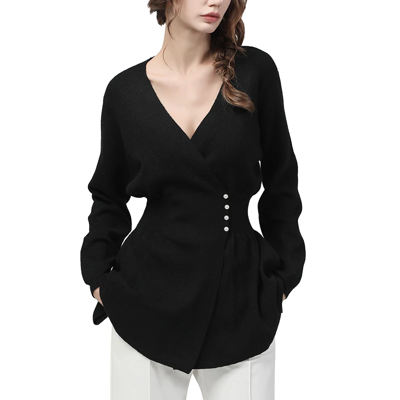 Fall Winter Women V-Neck Black Kntted Sweater Outwear Pearls Crossed Button-Down Cardigans Long Sleeve Slim Warm Sweaters