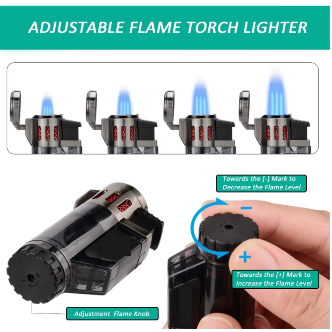 Torch Butane Cigarette Lighter, Triple Jet Flame Lighters with Visible Fuel Tank, Refillable Gas Lighters, Windproof