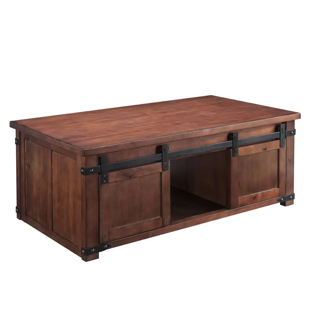 Coffee Tea Table With Huge Storage Shelf and Cabinets Pine 4 Sliding Barn Door Rustic Industrial Design TV Stand Brown[US-Stock]