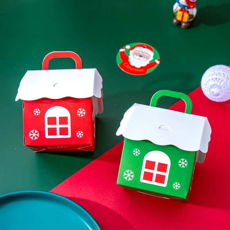 

Green Red Christmas house style Christmas Gift Box Kraft Paper Gift Candy Box Green Paper Box Kraft Candy Cookies Box 100pcs/lot