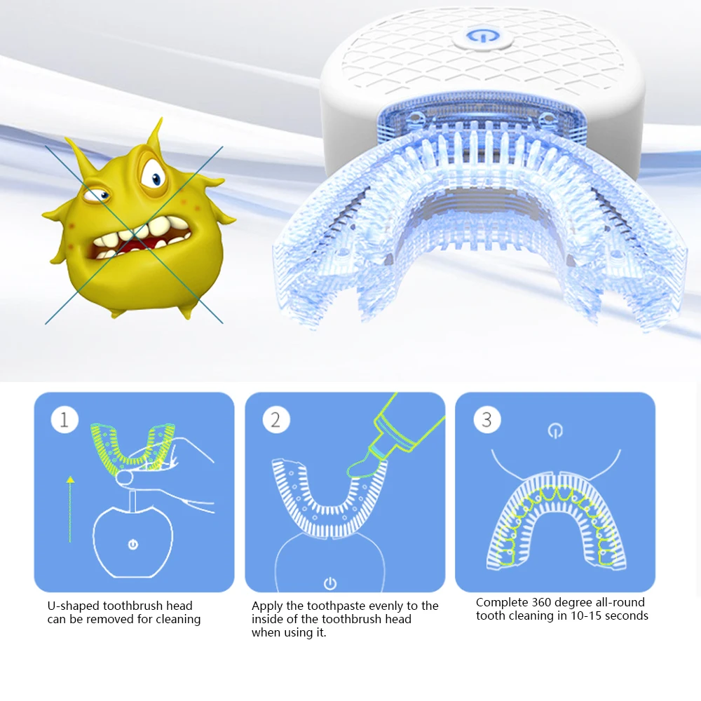 Spazzolino elettrico sonico automatico intelligente a 360 gradi tipo U spazzolino da denti ricarica USB sbiancamento dei denti luce blu