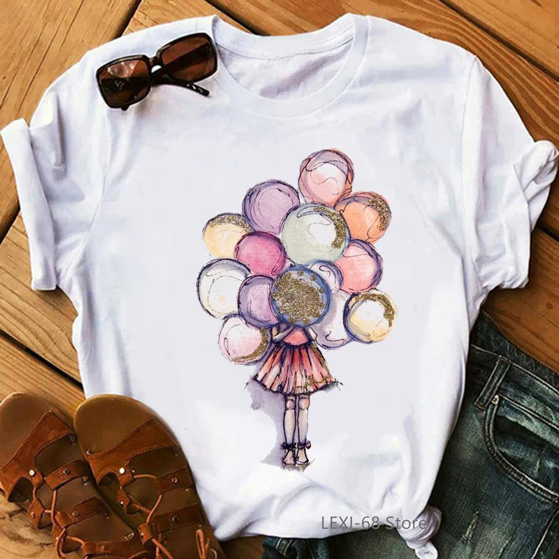 

Happy Birthday Elephant Graphic Print T Shirt Women Rainbow Balloon Tshirt Femme Harajuku Shirt Kawaii Clothes Funny T-Shirt