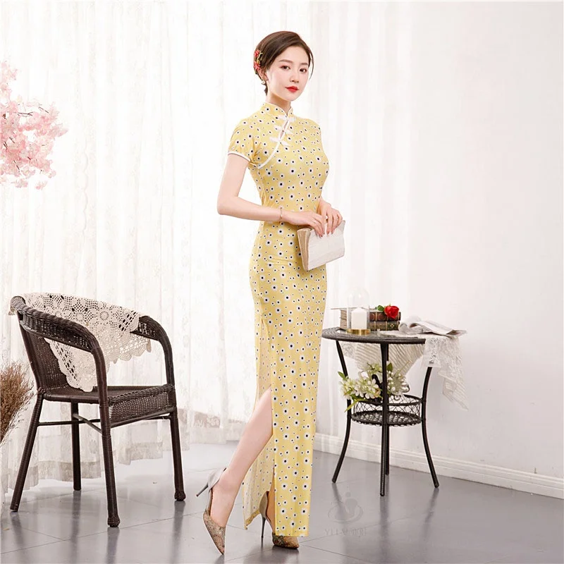 New Women Long Cheongsam Dress Floral Slim Vintage Dresses Summer Thin Sexy Qipao S To 4XL Green Red