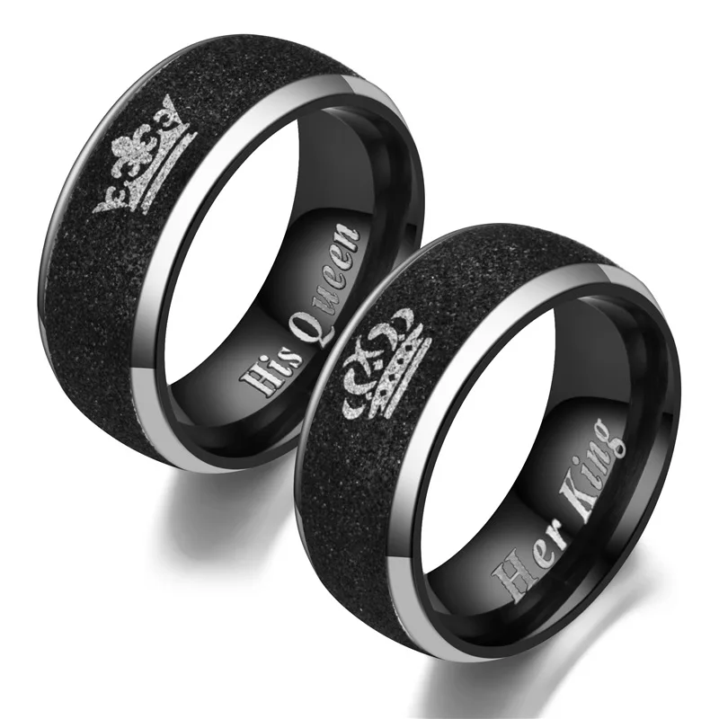 Anillo de acero inoxidable mate con letras de su rey y su reina para hombre y mujer, color negro, corona, 8MM, joyería de boda para amantes