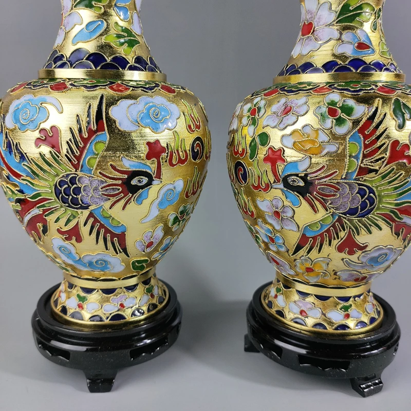 A Pair of Exquisite Chinese Traditional Handicraft Collection Home Decoration Cloisonne Dragon Phoenix Auspicious Designs Vases