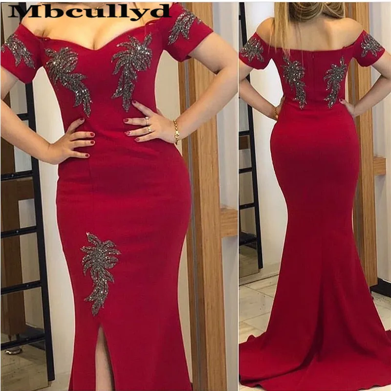 Mbcullyd Dark Red Mermaid Prom Dresses Long Floor Length Sequined Vestidos Party Evening Gowns Formal Dress Sexy High Split Gown