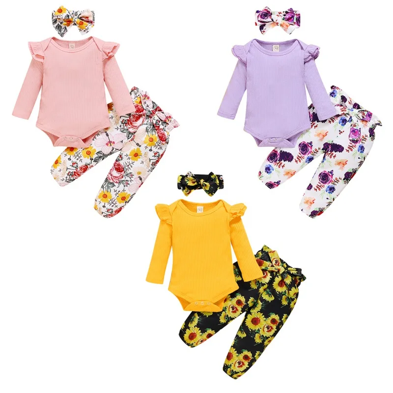 Autumn Baby Girls Long Sleeve Solid Color Romper  Floral Trousers Headband Outfits Clothes Set