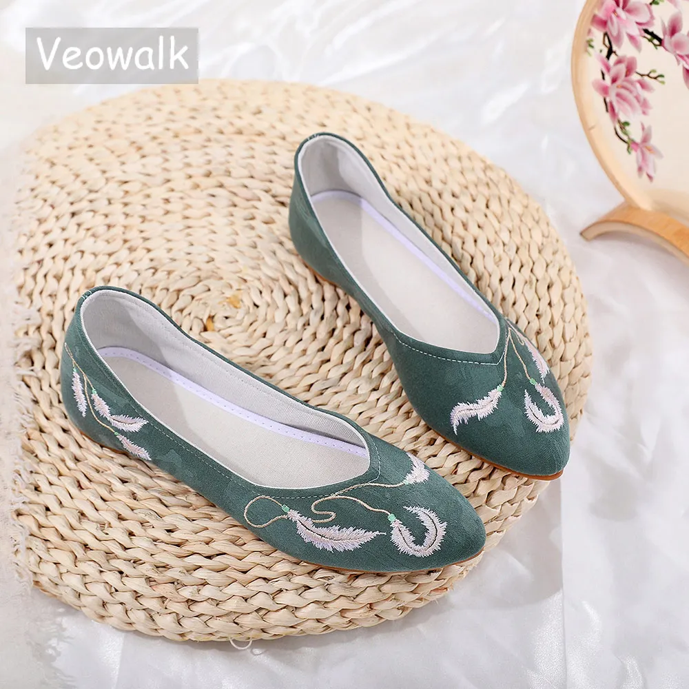 Veowalk Feather Embroidered Women Jacquard Cotton Pointed Toe Flats Comfortable Slip On Flat Shoes Ladies Pointy Toe Ballets