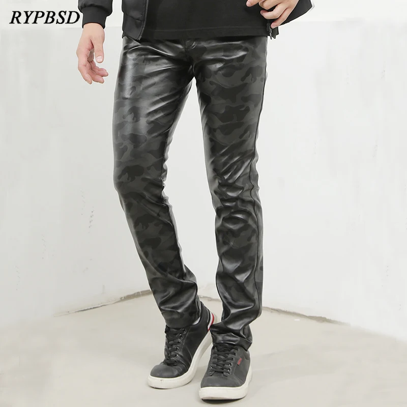 

Camouflage Black Leather Pants Men 2024 Fashion Harajuku Stretch Slim Zipper Waterproof Cargo Skinny Faux PU Leather Trousers