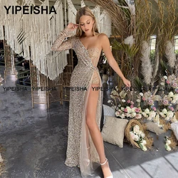 Customized Gold Glitter Prom Dresses Beaded Floor Length Long Sleeve Evening Gowns Formal Party Dress Plus Size Illusion Pageant