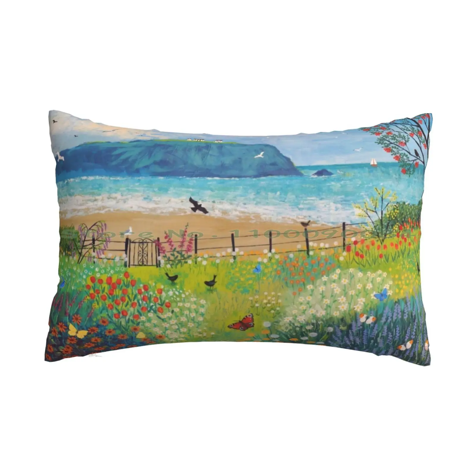 Garden Beside The Sea Pillow Case 20x30 50*75 Sofa Bedroom Landscapes Seascapes Seaside Gardens Butterflies Flowers Birds Jo