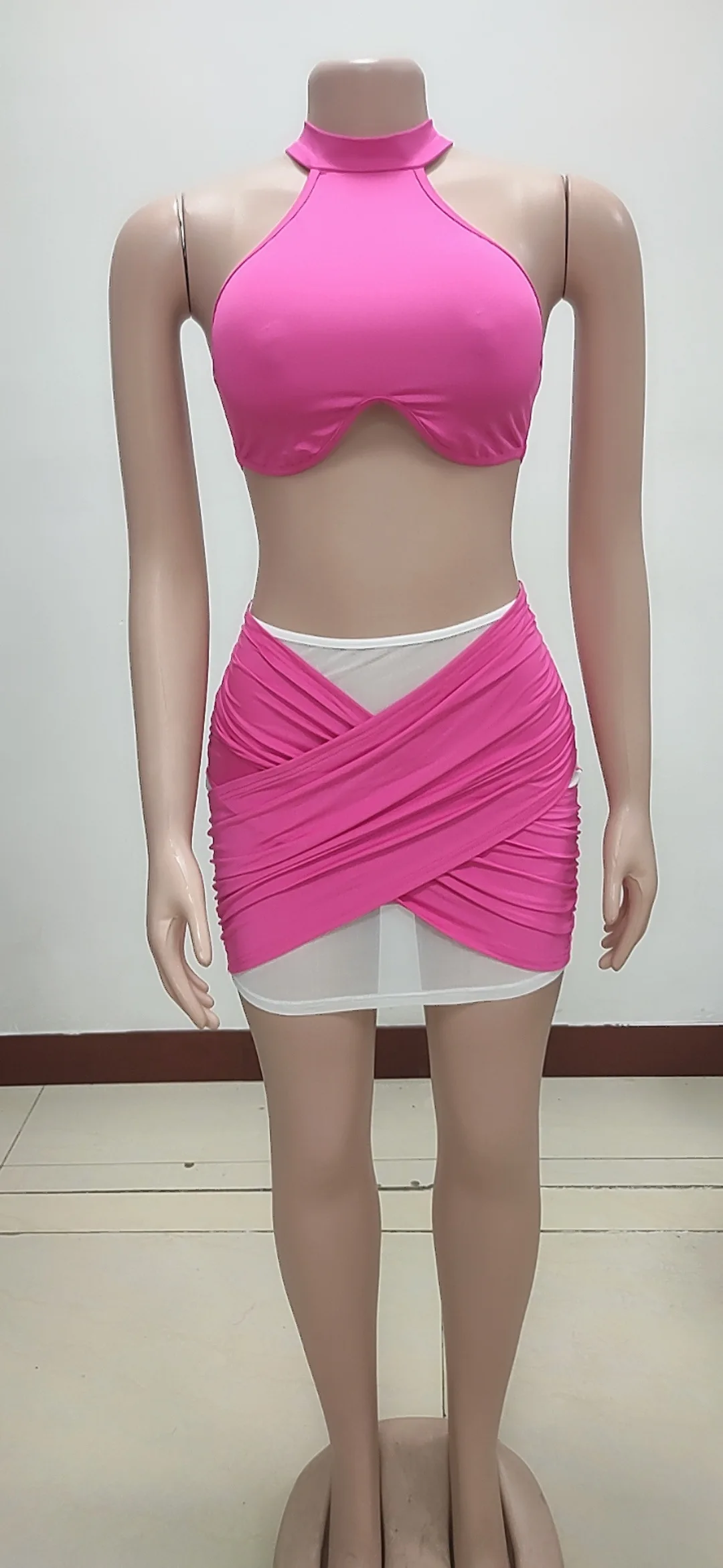 Conjunto de dos piezas formado por Top y falda, Color liso, sin mangas, con cuello Halter, para verano