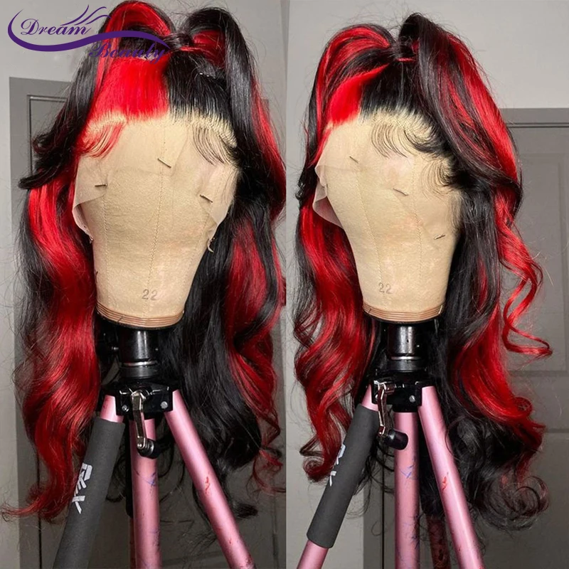 Perruque Lace Frontal wig naturelle brésilienne Remy, cheveux ondulés à reflets rouges, 4x4, 13x4, 180% de densité