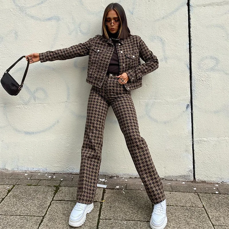 

Spring Autumn Two Piece Set Women Fashion Lattice Long-sleeved Jacket High-waist Straight-leg Pants Trousers Casual Women Outfit