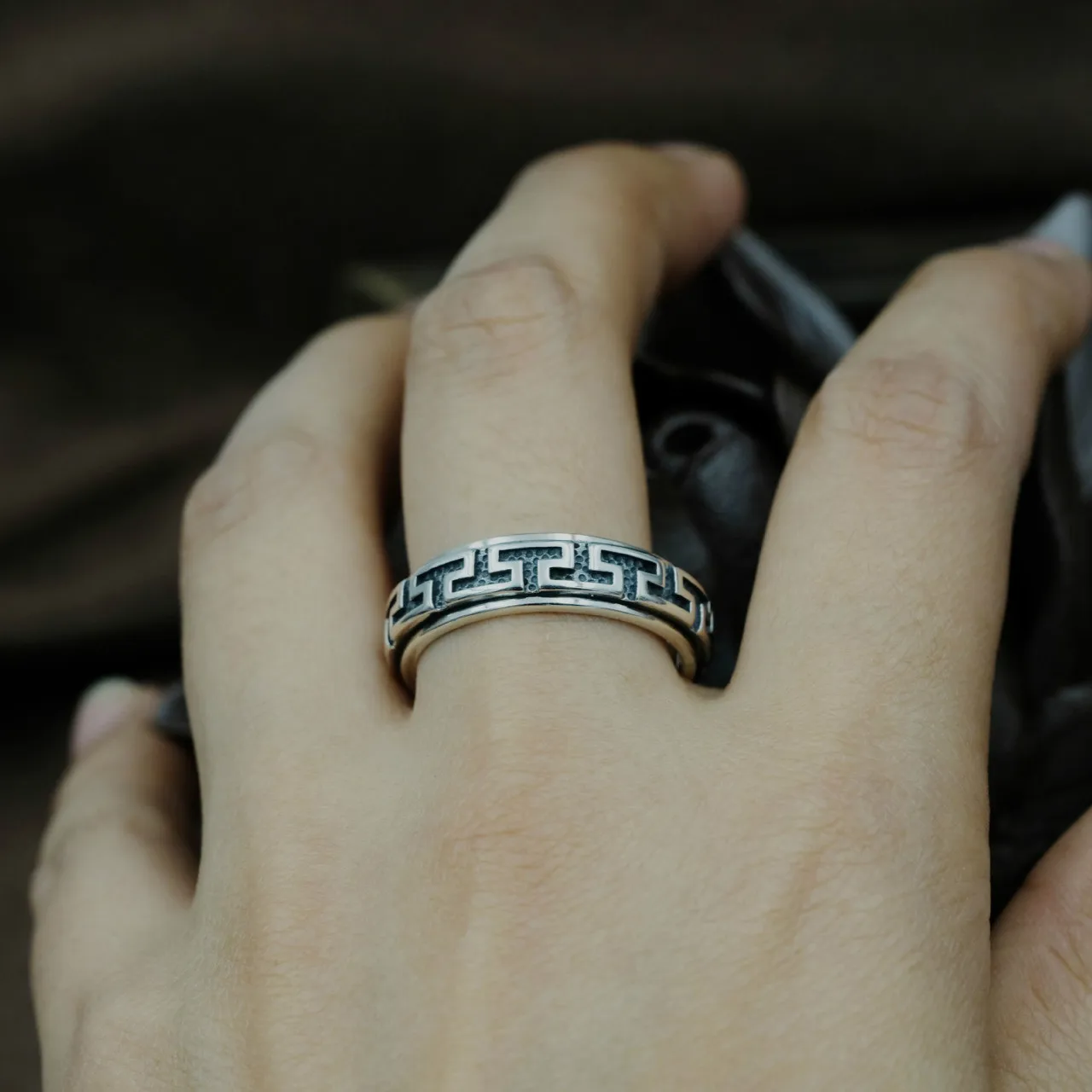 S925 Sterling Silver Men Tibetan Silver Rings Vintage Buddhism Rings 925Sterling Silver Man The Great Wall Turn Rotate Ring