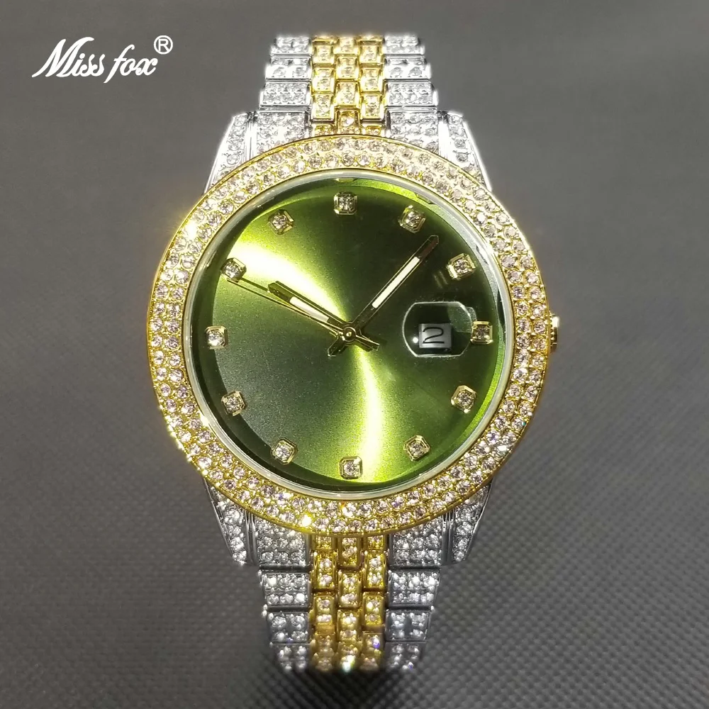 

MISSFOX Hip Hop Diamond Women Watches Luxury Green Dial Quartz Watch Iced Out Lady Evening Dress Clock Best Selling Product 2021