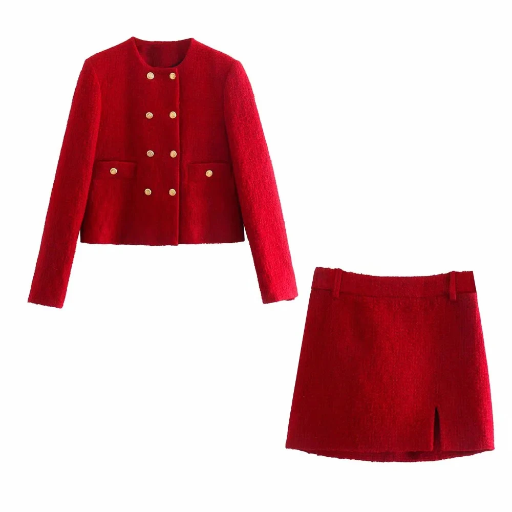 xikom 2021 Tweed Two pieces set Women red Vintage O Neck Long Sleeve Office Lady slim Blazer Coat Female Hight Waist ​skirt suit