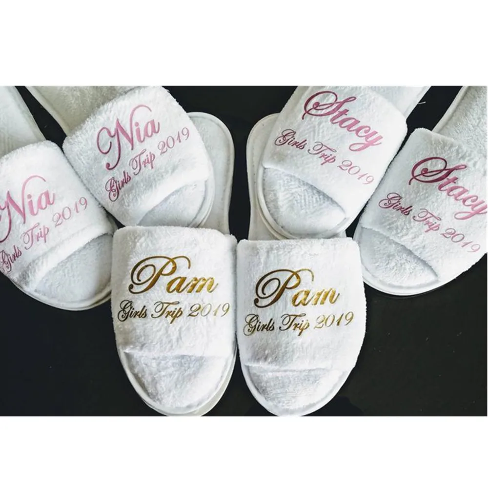 customized name date glitter Slippers Open Toe rose gold bride Spa Slippers blush bridesmaid engagement trip gifts flower girl