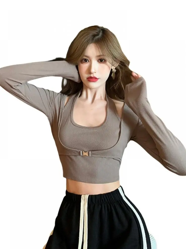 Women Fake-two Pieces Crop Tops Slim Fit Long Sleeve T-shirts Solid Plus Size S-3XL Simple Chic Halter Female All-match Fashion