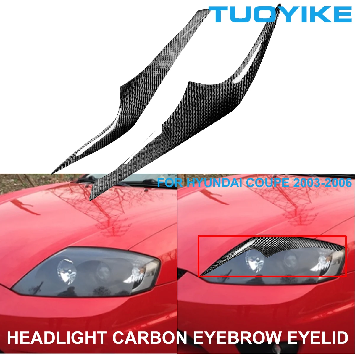 

2PCS Car Styling Real Carbon Fiber Headlight Eyebrow Eyelids Trim Cover Sticker For Hyundai Coupe 2003-2006 Decal Accesssories