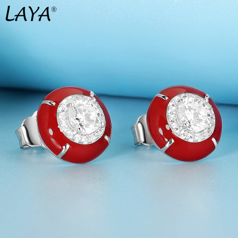 Laya Silver Earrings For Women Pure 925 Sterling Silver Retro Style High Quality Zircon Red Enamel Fine Jewelry Handmade Enamel