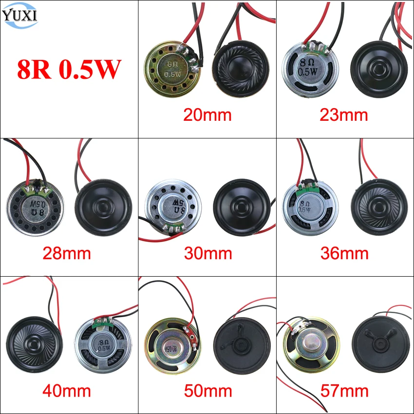 YuXi 1pcs Ultra-thin Speaker 8 Ohms 8R 0.5W Speaker Diameter 20mm 23mm 28mm 30mm 36mm 40mm 50mm 57mm With P2.0 Terminal Wire