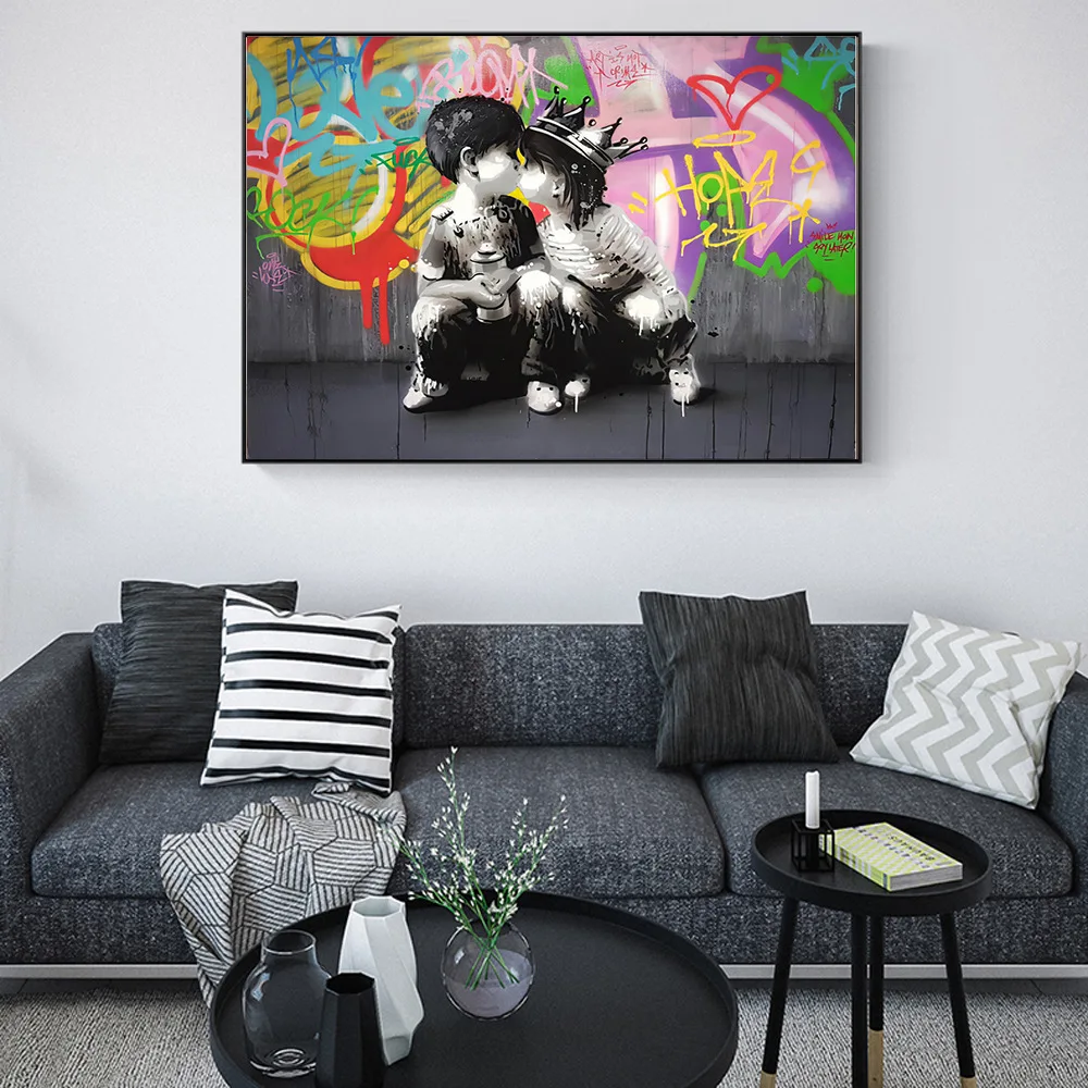 Canvas Painting Graffiti Little Boy Little Girl Kissing Wall Art Deacor Nodic Poster And Print Living Room Decoration Frame