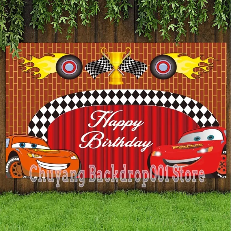 Red Racing Car Black White Grid Flag Cartoon Background Champion Cup Red Curtain Brick Wall Boy Birthday Backdrop Photography