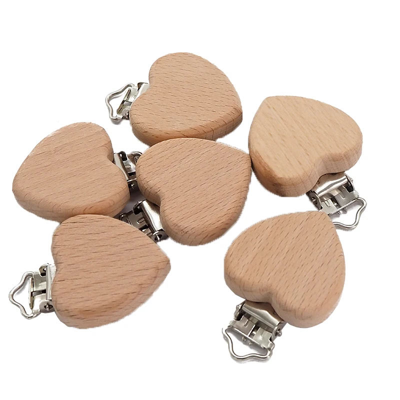 Chenkai 50PCS Wooden Heart Pacifier Clips DIY Organic Eco-friendly Nature Baby Pacifier Rattle Teething Grasping Sensory Toy