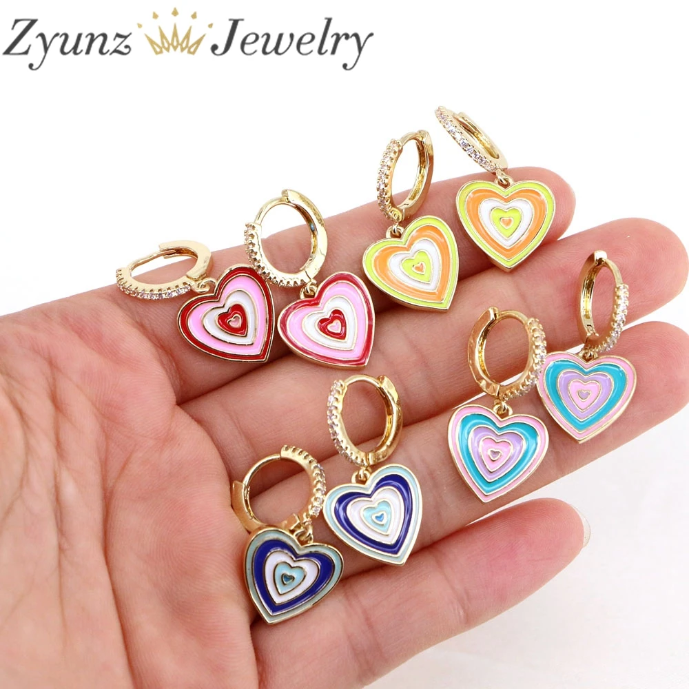 

5 Pairs, New Design Fashion Jewelry Neon Enamel Colorful Heart Charm Earring CZ Pave Hoops Dangle Jewelry