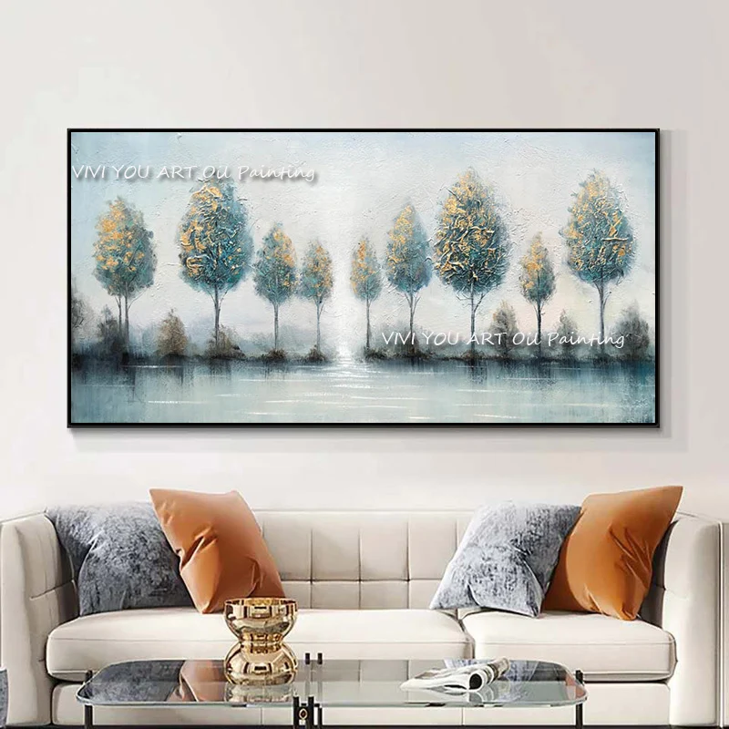 The Nature Handmade Modern Tree Abstract Thick Oil Painting On Canvas River View Painting Wall Art Blue Decor for Living Room