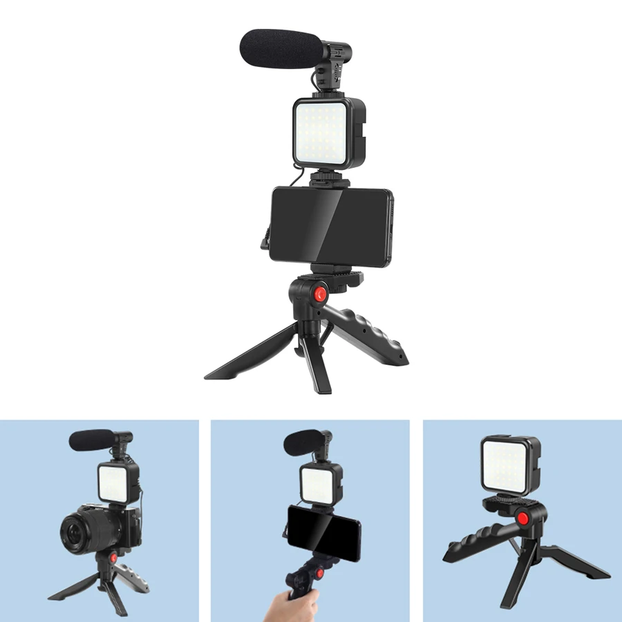 MAMEN Portable Phone Camera Travel Tripod Vlogging Kit with Microphone LED Light for Video Interview Live Streaming Phone Stand