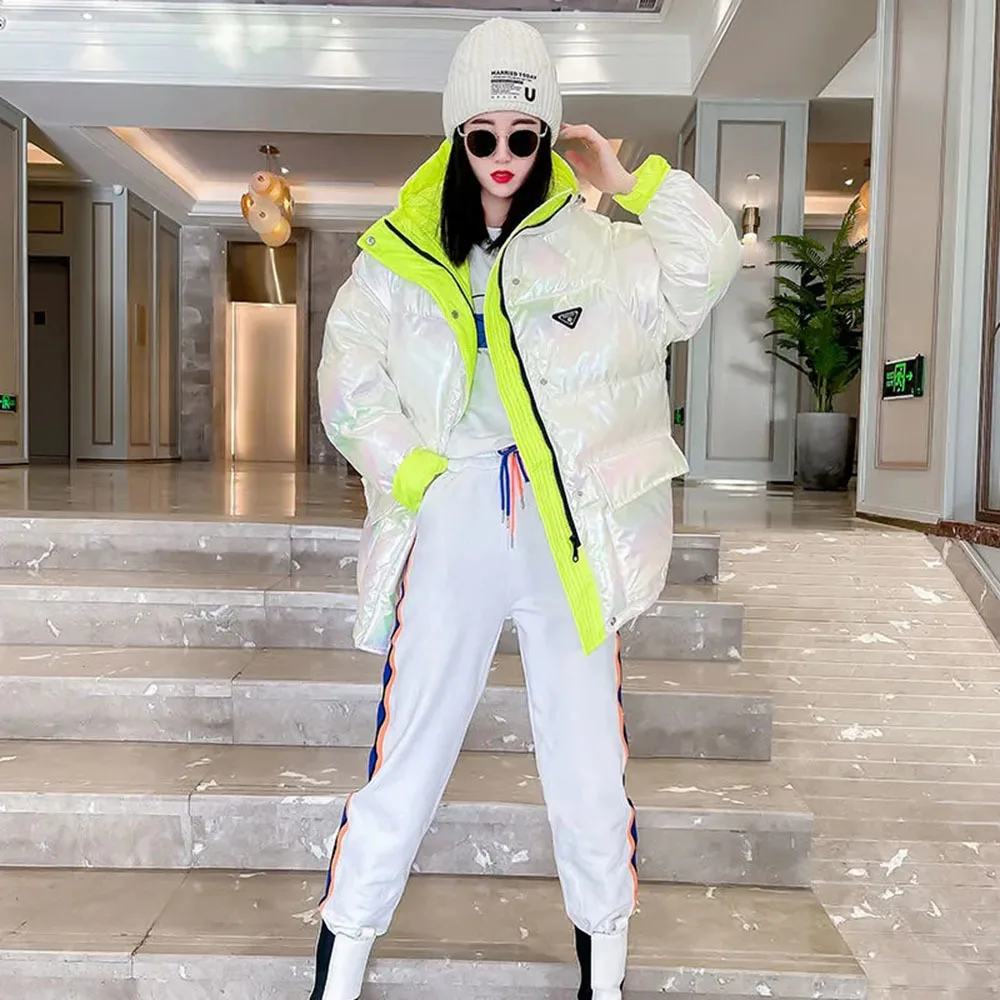 2021 Autumn Winter Women New White Hit Color Glossy Parka Coat New Korean Loose Letters Printe Jacket Trend Hooded Bread Service