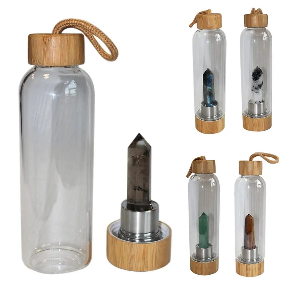 Natural Quartz Gemstone Glass Water Bottle Direct Drinking Cup Glass Crystal Obelisk Wand Healing Wand Bottle with Rope 2021 new