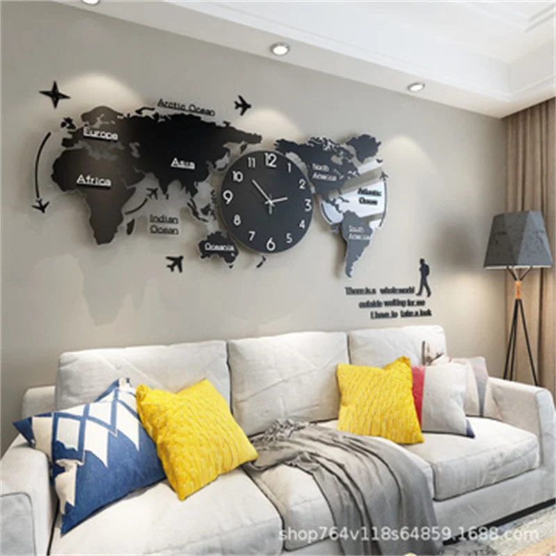 Nordic Wall Clock Luxury Acrylic World Map Wall Clock High-End Living Room Home Luminous Decoration Artwork Mute Clock