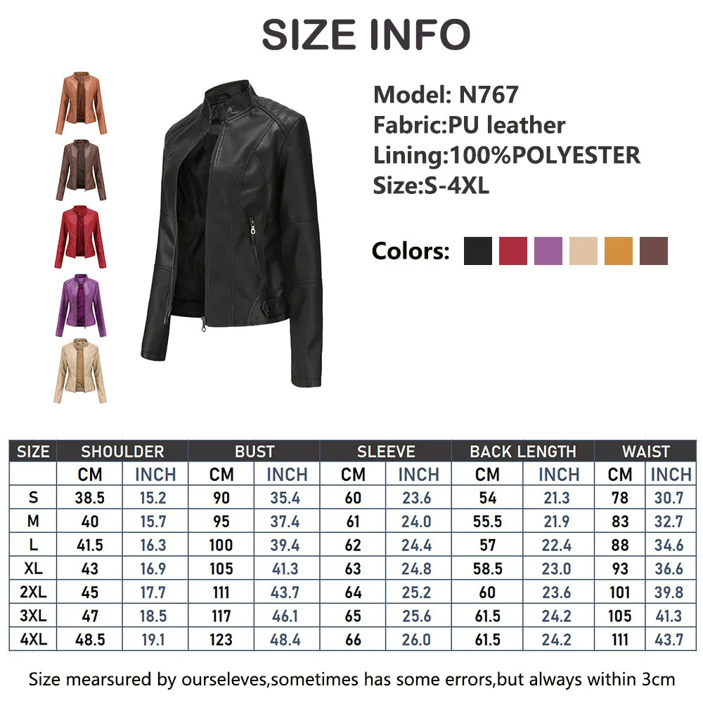Women Leather Jacket Autumn Thin Ladies Motorcycle Jacket PU Leather Jacket Stand Collar Female Black Faux Leather Outwear