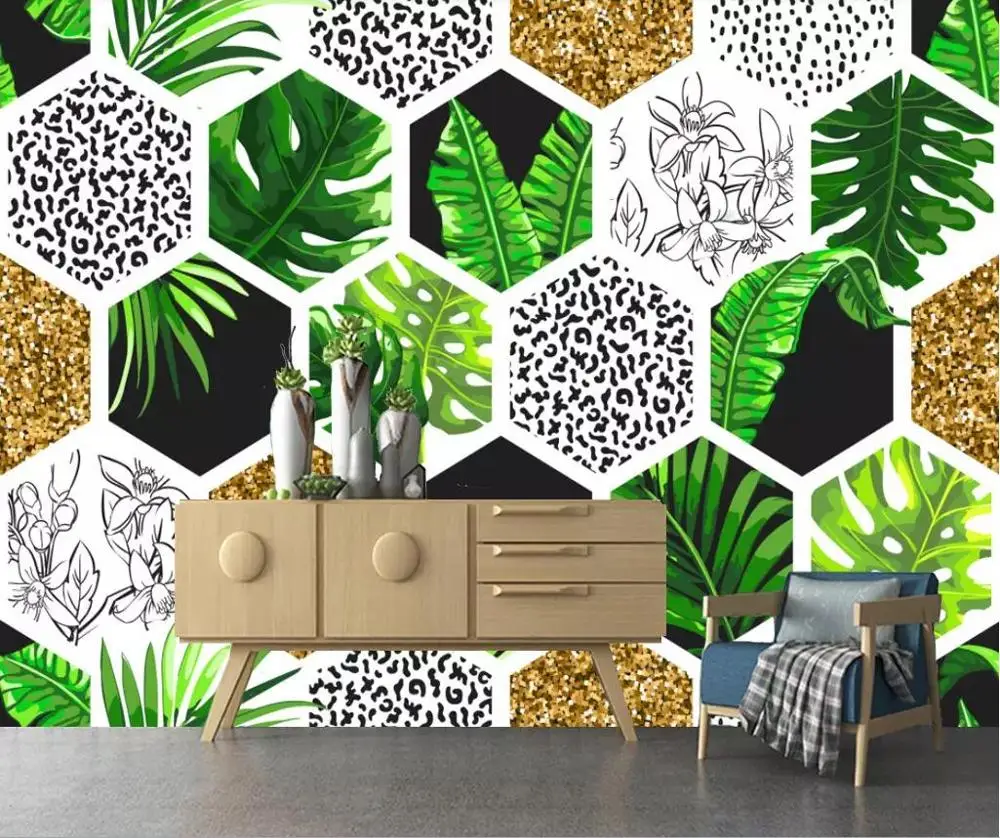 Milofi custom photo wallpaper 3D modern minimalist banana leaf hexagonal geometric TV background wall decoration mural wallpaper