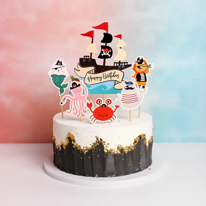 Pirate Theme Happy Birthday Paper Cake Topper Pirate Ship Skull Birthday Cake Topper Kid Birthday Party Cake Decoration Supplies